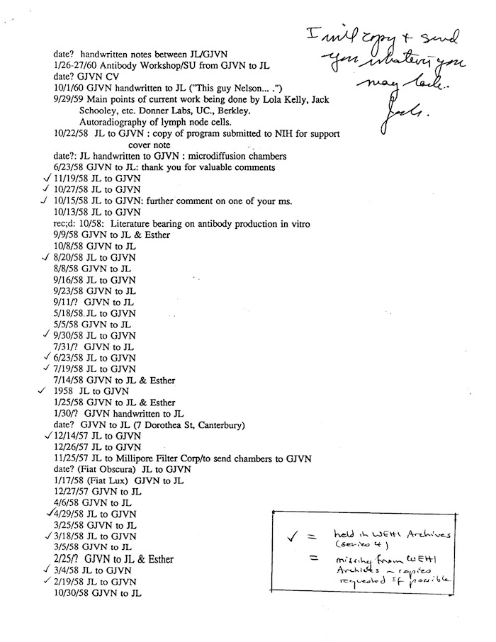 NLM pirated bbapwf Nossal to JL 8-10-95 request for GNossal correspondence (see Rockefeller oral history interview) p2